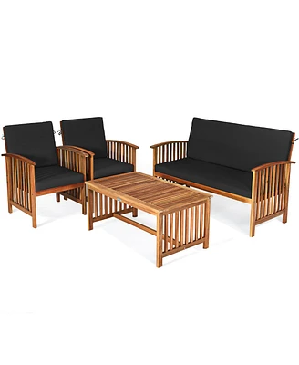4PCS Patio Solid Wood Furniture Set Conversation Coffee Table W
