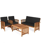 4PCS Patio Solid Wood Furniture Set Conversation Coffee Table W
