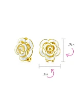 Bling Jewelry Set of 2 Enamel 3D White Blue Rose Flower Clip-On Earrings Gold Silver Plated