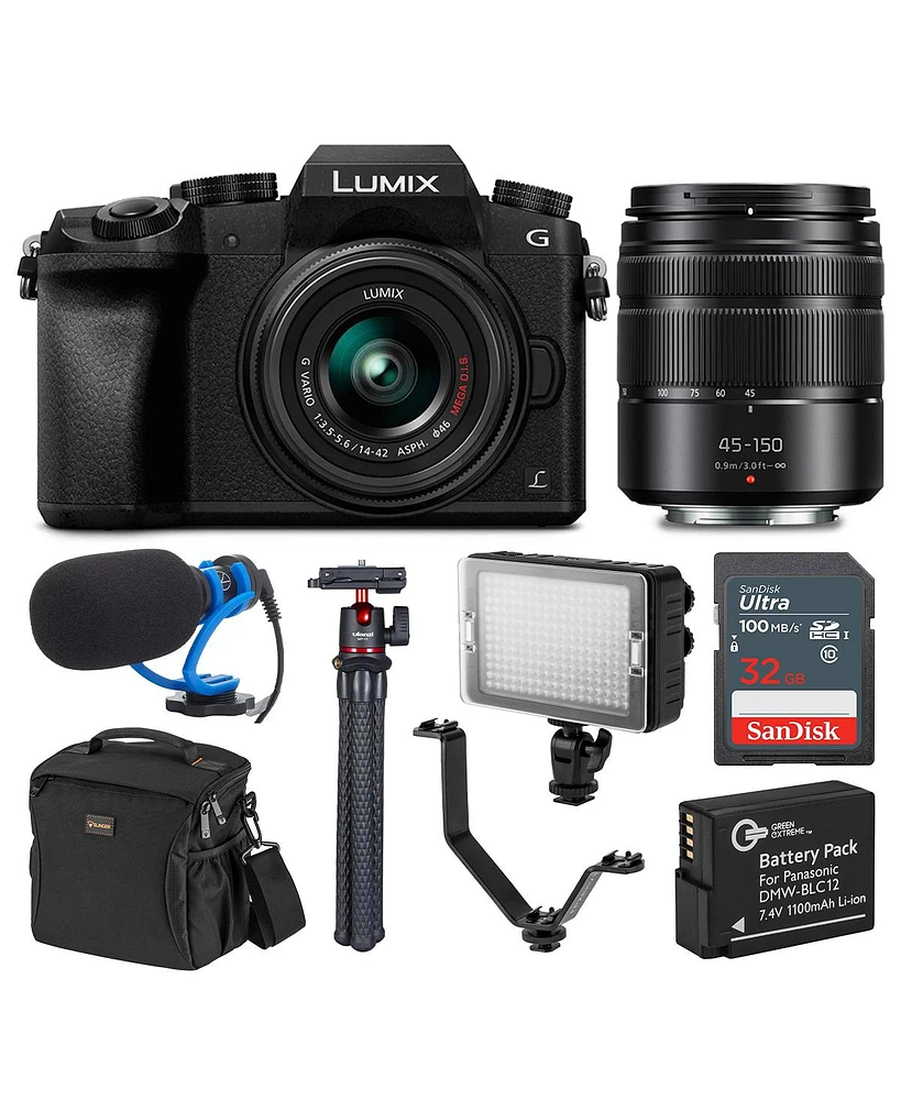 Panasonic Lumix Dmc-G7 Mirrorless Camera with Lumix G Vario 14-42mm and 45-150mm Lens, Bundle with Tripod, Microphone, Triple Shoe V-Bracket, On Camer