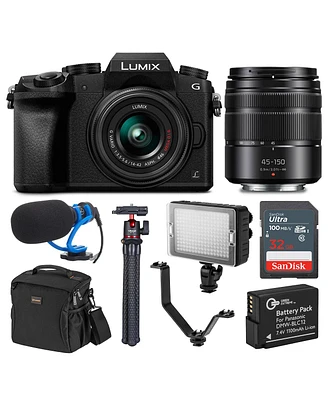 Panasonic Lumix Dmc-G7 Mirrorless Camera with Lumix G Vario 14-42mm and 45-150mm Lens, Bundle with Tripod, Microphone, Triple Shoe V-Bracket, On Camer