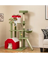 Gymax 61'' Tall Christmas Cat Tree w/ Sisal Scratching Posts Plush Perch & 2 Condos