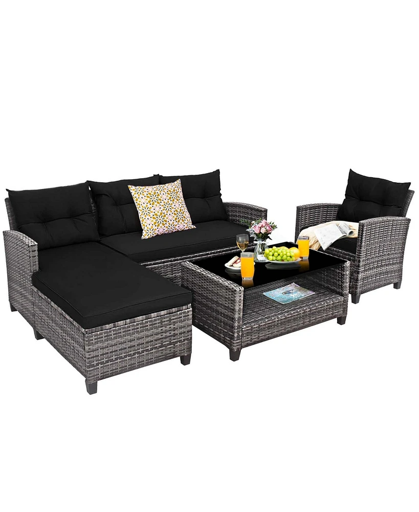 Gymax Set of 4 Rattan Furniture Set Sofa Ottoman Cushion Garden Deck Patio