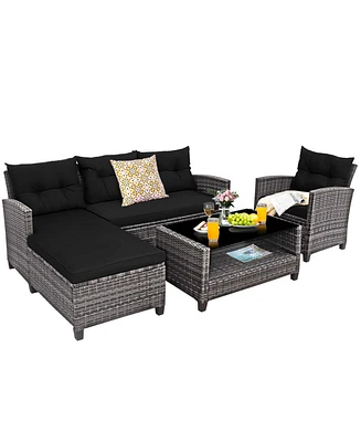 Gymax Set of 4 Rattan Furniture Set Sofa Ottoman Cushion Garden Deck Patio