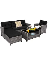Gymax Set of 4 Rattan Furniture Set Sofa Ottoman Cushion Garden Deck Patio
