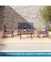 4 Pcs Patio Conversation Set Acacia Wood Sofa Coffee Table with Cushioned Seat