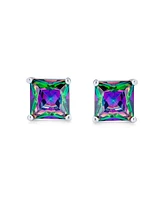 Bling Jewelry Set of 2 Round & Square Black Mystic Rainbow Cz Stud Earrings Sterling Silver