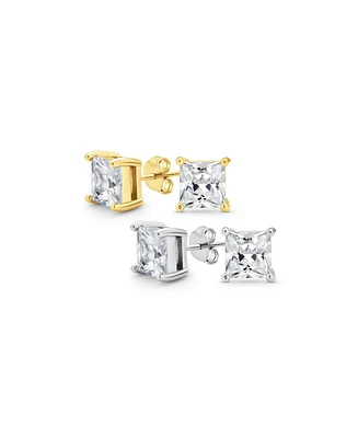 Bling Jewelry Set of 2 Square Solitaire Cz Stud Earrings Silver Gold Sterling Silver