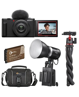 Sony Zv-1F Vlog Camera for Content Creators and Vloggers, Black Bundle with Godox ML30Bi Bi-Color 30W Dainty Led light, Shoulder Bag, Extra Battery an