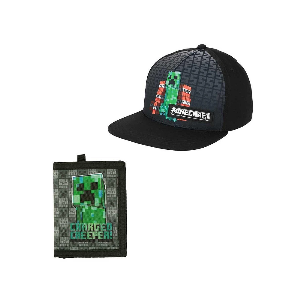 Minecraft Boys Charged Creeper Youth 2-Pack Curved Bill Snapback Hat & Bi-Fold Wallet Combo Set