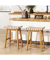 Woven Saddle Stools Set of 2 25.5'' Faux Pu Leather Counter Height Kitchen Stool