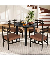 Round Dining Table with Rubber Wood Legs and Marble-textured Veneer Tabletop