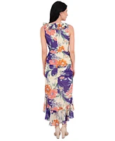 kensie Women's Printed Ruffled High-Low Maxi Dress