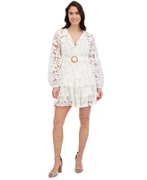 Siena Women's Blouson-Sleeve Tiered Lace A-Line Dress