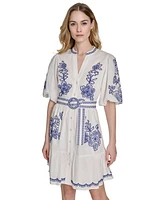 Eliza J Petite Embroidered Belted Button-Front Cotton Dress