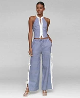 Avec Les Filles Womens Mandarin Collar Halter Top Side Tie Straight Leg Pants