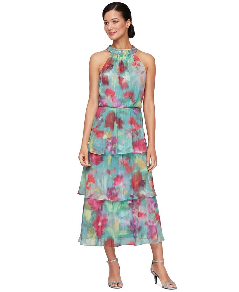 Sl Fashions Women's Floral Tiered Halter-Neck Tea Dress