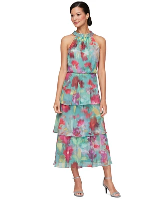 Sl Fashions Women's Floral Tiered Halter-Neck Tea Dress
