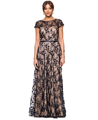 Xscape Women's Boat-Neck Cap-Sleeve 3D-Rosette Gown