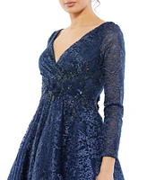 Women's Long Sleeve Embroidered Tea Length Dress