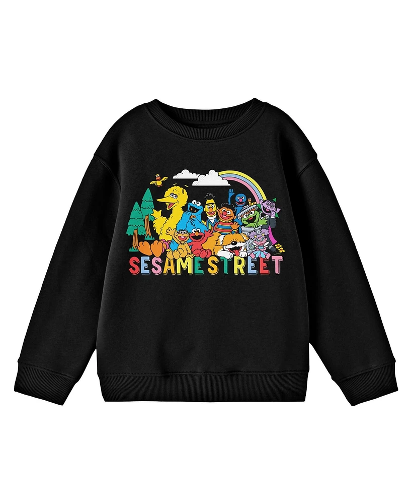 Sesame Street Boys Outdoor Character Group Art Crew Neck Long Sleeve Youth Black Sweatshirt-xl