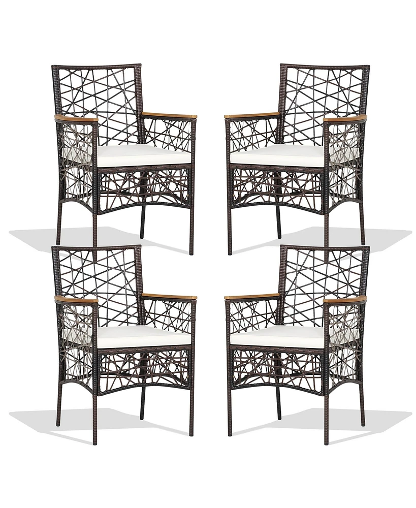 4pcs Pe Wicker Patio Bistro Chairs Acacia Wood Armrests w/ Cushions Outdoor