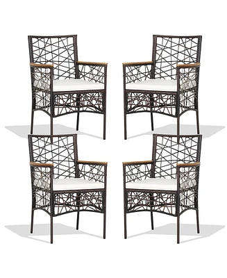 4pcs Pe Wicker Patio Bistro Chairs Acacia Wood Armrests w/ Cushions Outdoor