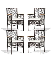 4pcs Pe Wicker Patio Bistro Chairs Acacia Wood Armrests w/ Cushions Outdoor