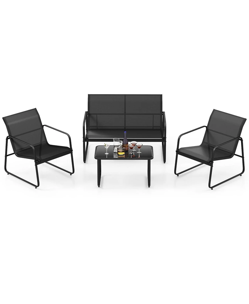 Gymax 4 Pcs Furniture Set Tempered Glass Coffee Table Chair Outdoor Patio Loveseat