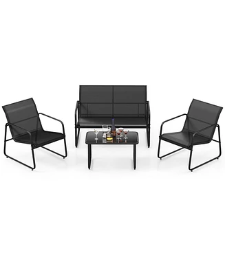 Gymax 4 Pcs Furniture Set Tempered Glass Coffee Table Chair Outdoor Patio Loveseat