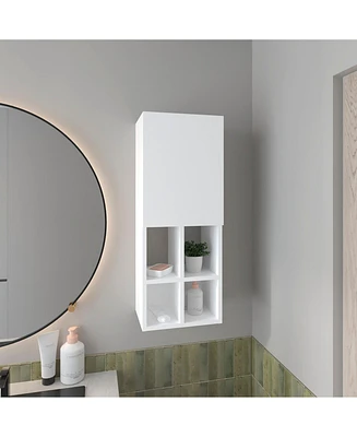 Wall-Mounted Bathroom Cabinet with Door and 4 Open Shelves, White Finish