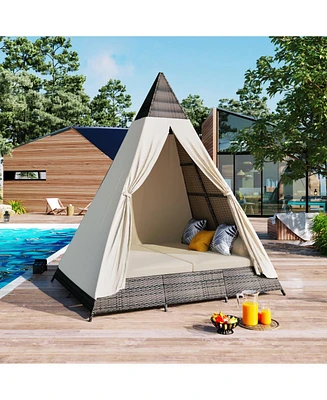 90.5" Length Outdoor Sunbed With Colorful Pillows, Wicker Patio Daybed With Cushions, Tent Shape, Brown and Beige