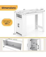 Bar Table Faux Marble Pub Table with 7 Hanging Hooks and Storage Compartment for Home Bar