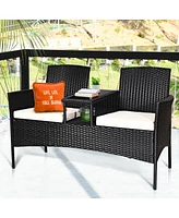 Patio Rattan Conversation Set Seat Sofa Cushioned Loveseat Glass Table Chairs