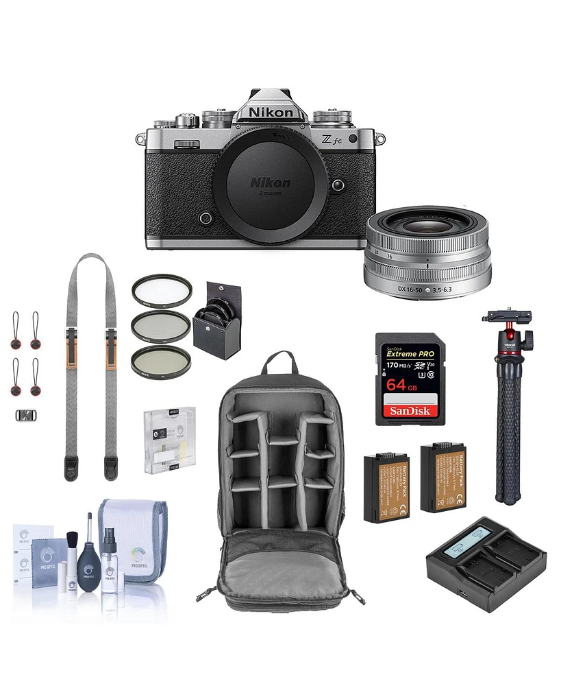 Nikon Z fc Dx-Format Mirrorless Digital Camera with 16-50mm Lens Bundle with 64GB Sd Card, Backpack, Shoulder Strap, 2 Extra Battery, Dual Charger, Sc