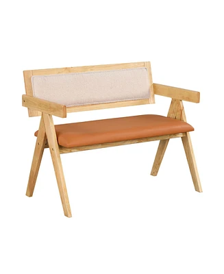 Rubber Wood Dining Bench – Armrests, Sherpa Upholstered Backrest, and Soft Padded Seat for Kitchen or Living Room Seating