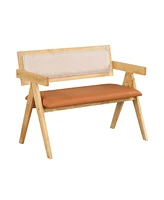 Rubber Wood Dining Bench – Armrests, Sherpa Upholstered Backrest, and Soft Padded Seat for Kitchen or Living Room Seating