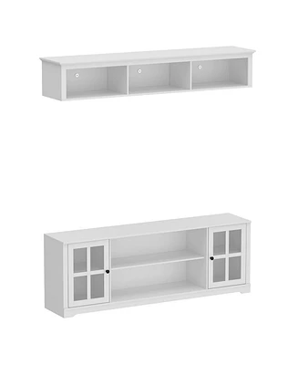 Tv stand with top cabinets, entertainment center with tempered glass doors, wooden media console