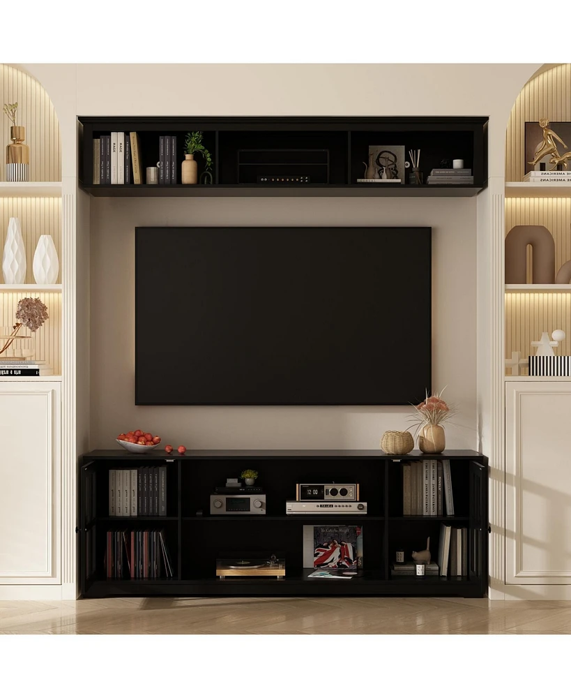 Tv stand with top cabinets, entertainment center tempered glass doors, wooden media console
