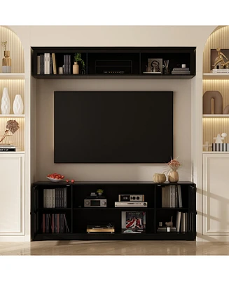 Tv stand with top cabinets, entertainment center tempered glass doors, wooden media console