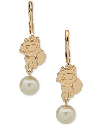 Karl Lagerfeld Paris Gold-Tone Choupette & Imitation Pearl Double Drop Earrings