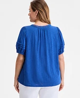 Style & Co Plus V-Neck Short-Sleeve Contrast-Trim Top, Exclusively at Macy's
