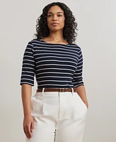 Lauren Ralph Plus Striped Cotton Boatneck T-Shirt