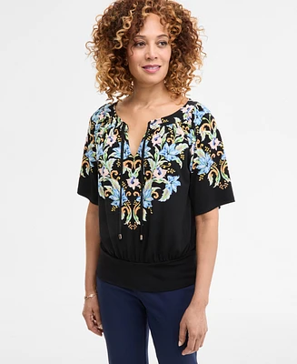 Jm Collection Women's Printed Split-Neck Elbow-Sleeve Top, Exclusively at Macy's