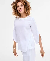 Jm Collection Women's Embellished Cotton Gauze Top, Exclusively at Macy's