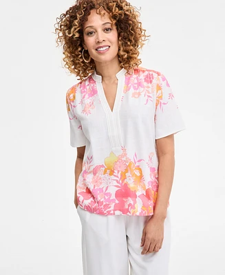 Jm Collection Women's Printed Linen Blend Split-Neck Top, Exclusively at Macy's