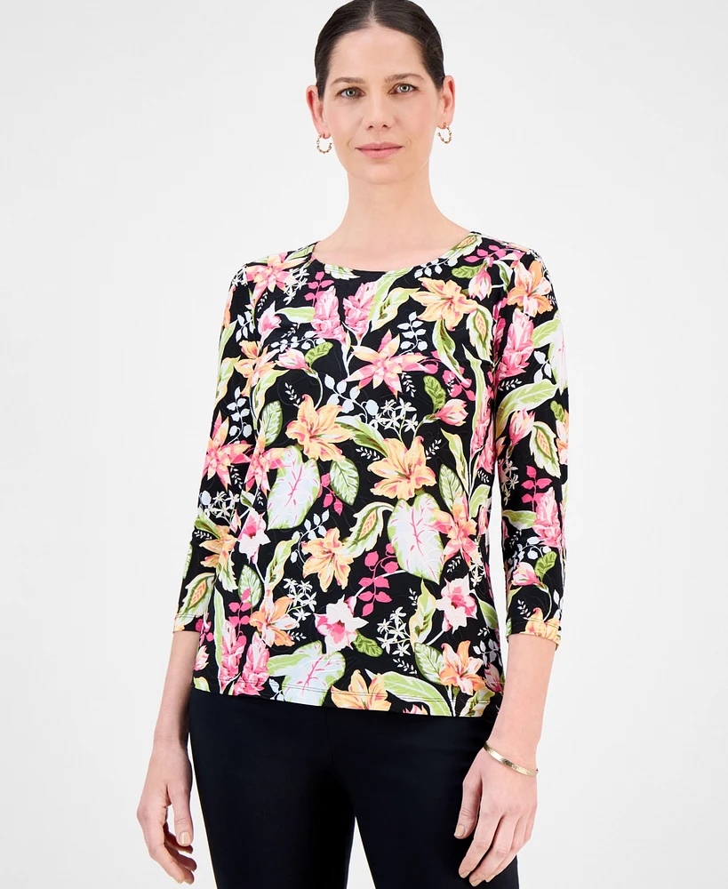 Jm Collection Women's Printed 3/4 Sleeve Scoop-Neck Jacquard Top