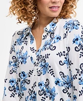 Jm Collection Petite Floral-Print Johnny-Collar Tunic, Exclusively at Macy's