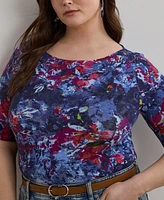 Lauren Ralph Plus Print Stretch Cotton Boatneck Tee