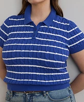 Lauren Ralph Plus Striped Cable-Knit Cotton Polo Sweater